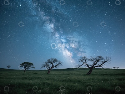 银河横跨夜空，孤树点缀草原