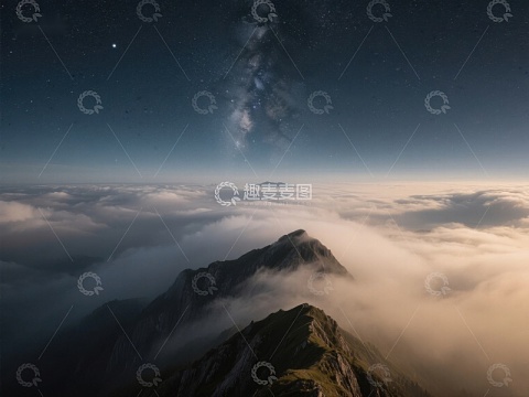 夜空星辰下的云海山峰