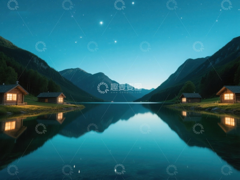 高清大图下载【趣麦麦图】夜幕下的湖畔木屋