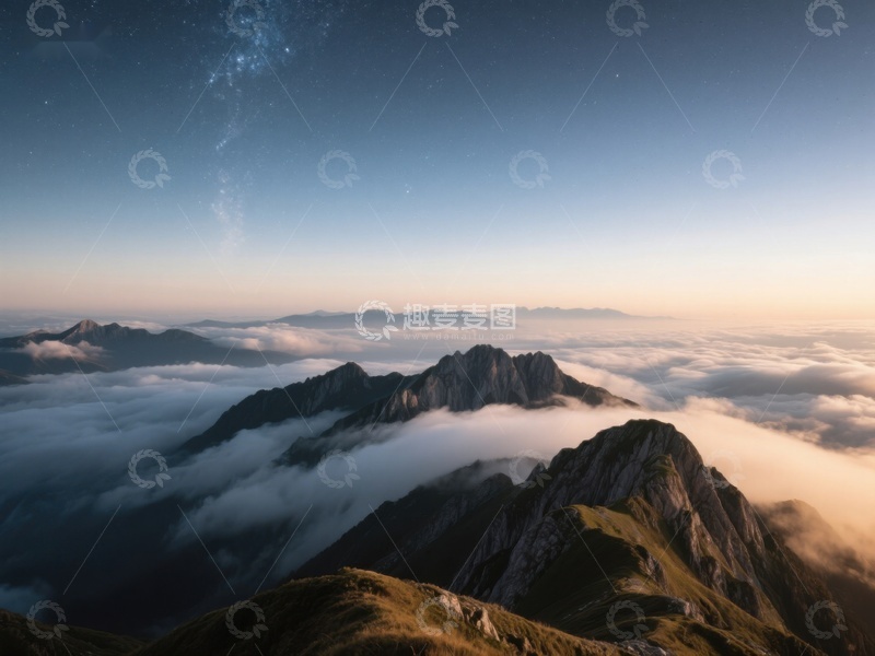 高清大图下载【趣麦麦图】云海之上，星辰与山峰的静谧对话