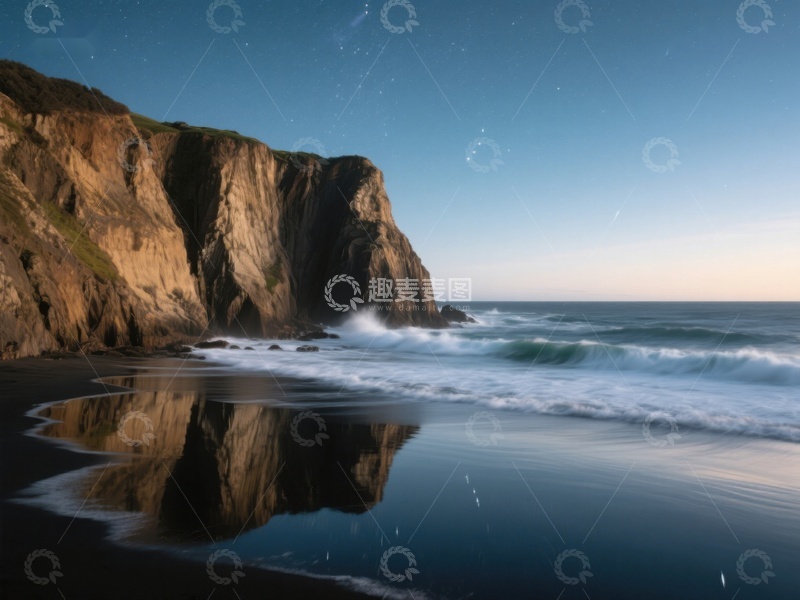 高清大图下载【趣麦麦图】夜幕下的海岸悬崖倒影