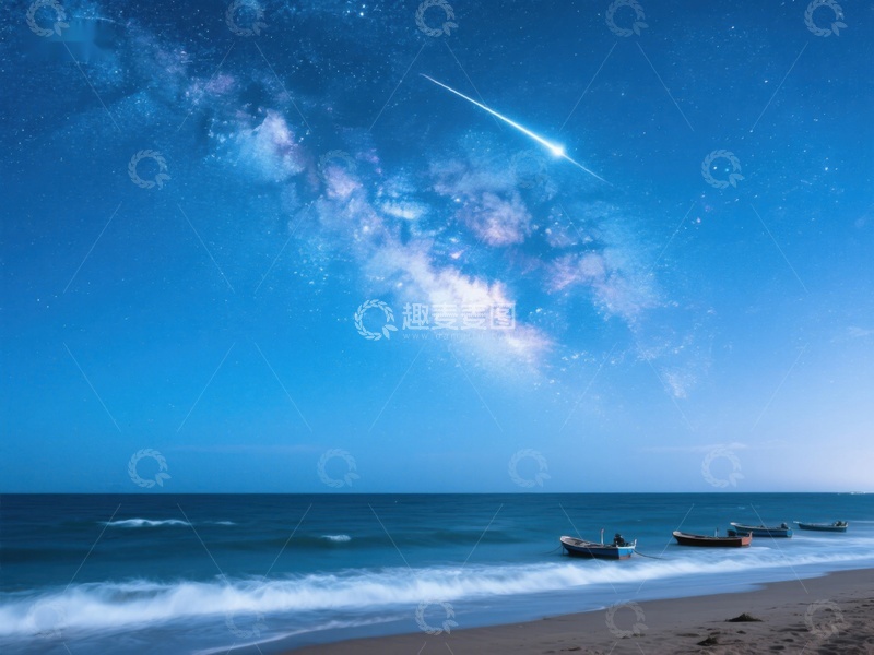 高清大图下载【趣麦麦图】夜空流星划过海边静谧景象