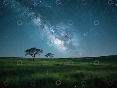 夜空下的孤树与银河