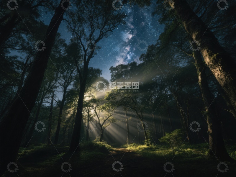 高清大图下载【趣麦麦图】夜幕森林，星光与雾气交织