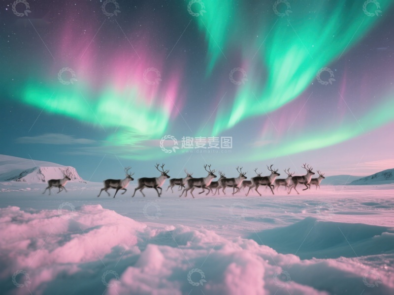 高清大图下载【趣麦麦图】极光下的驯鹿群