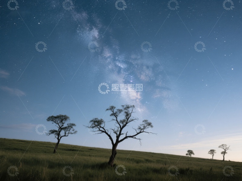 高清大图下载【趣麦麦图】星空下的孤树与草原