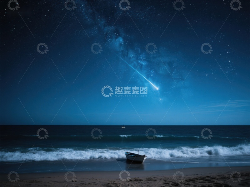 高清大图下载【趣麦麦图】夜空流星划过海边小舟