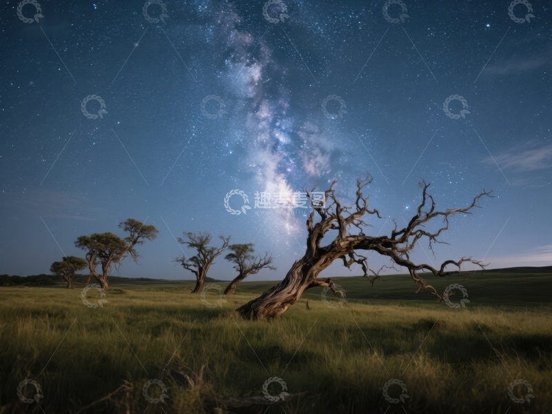 高清大图下载【趣麦麦图】夜空下的枯树与银河
