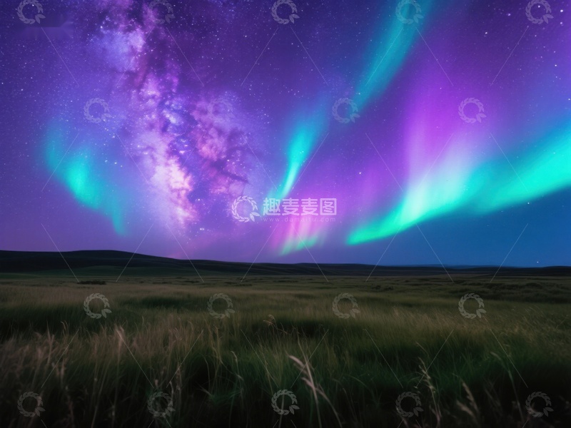 高清大图下载【趣麦麦图】极光下的草原夜景