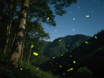夜空下的萤火虫与森林
