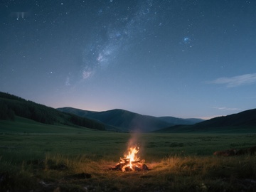 星空下的篝火夜景