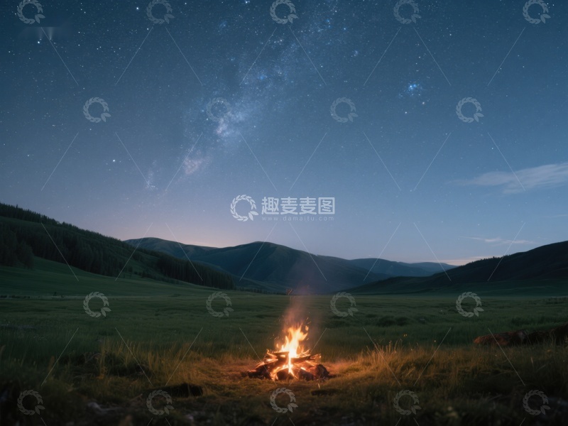 高清大图下载【趣麦麦图】星空下的篝火夜景