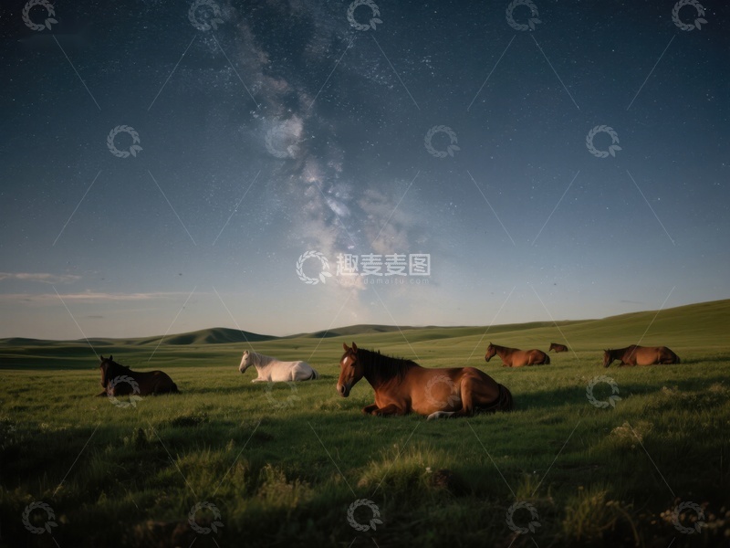 高清大图下载【趣麦麦图】夜空下草原上的休憩马群