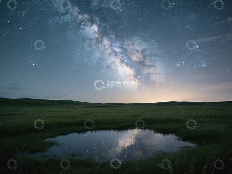 银河映照池塘，夜空下的宁静草原