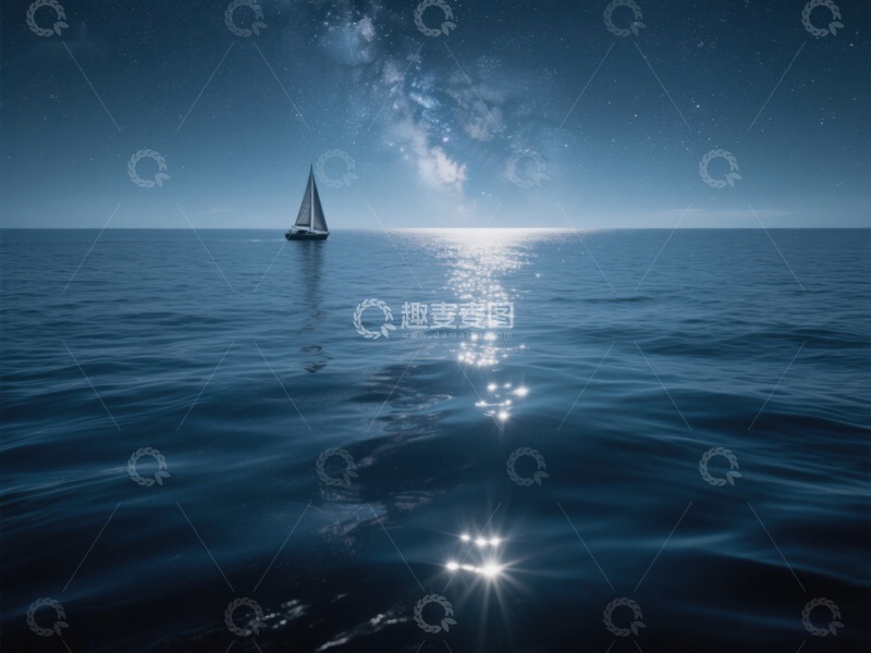 高清大图下载【趣麦麦图】夜航帆船，星光闪烁海面