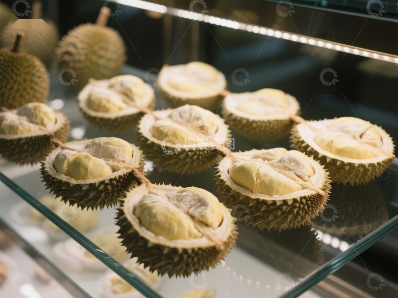 高清大图下载【趣麦麦图】新鲜榴莲展示于玻璃柜中