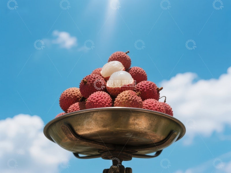 高清大图下载【趣麦麦图】阳光下盛满荔枝的古铜盘