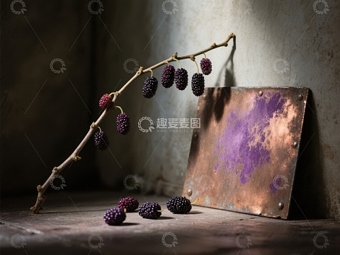 枝头桑葚与锈迹铜板静物