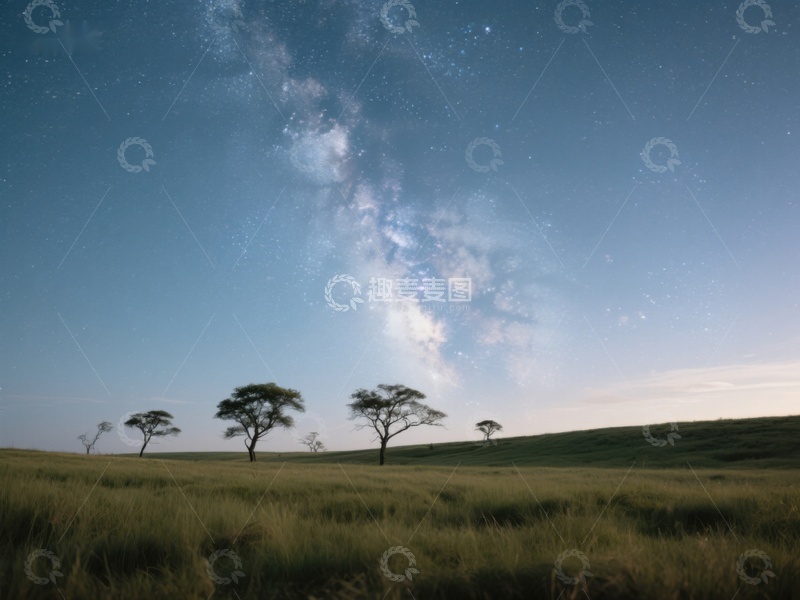 高清大图下载【趣麦麦图】星空下的草原与孤树