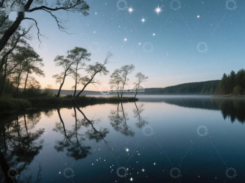 高清大图下载【趣麦麦图】-湖畔星空，树影婆娑