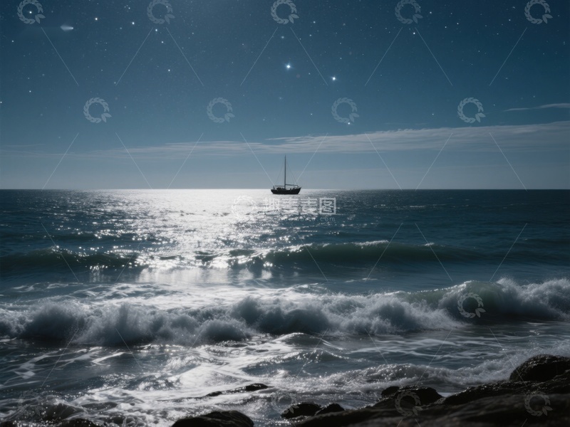 高清大图下载【趣麦麦图】夜幕下的海洋与孤帆