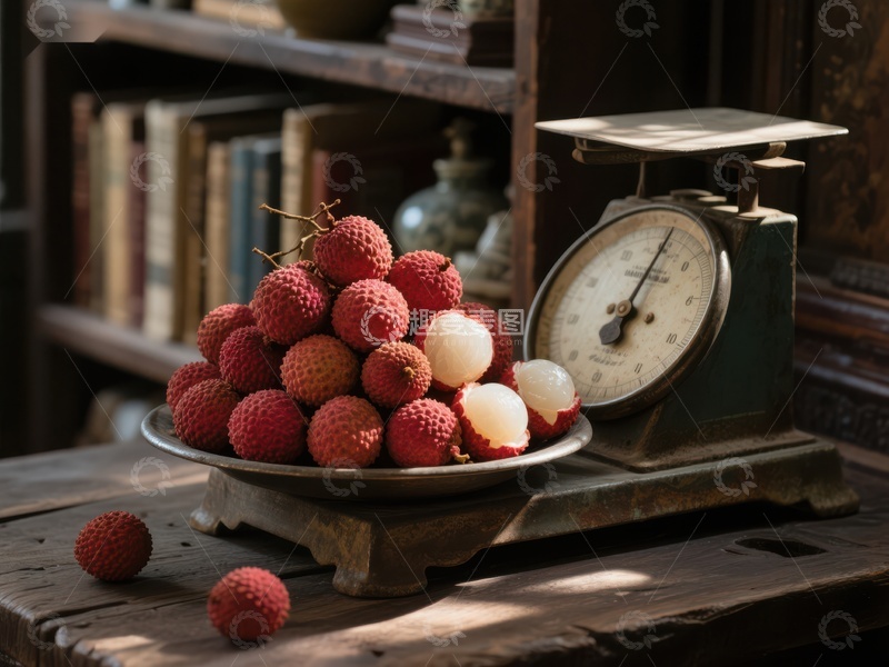 高清大图下载【趣麦麦图】荔枝与古秤的静物组合