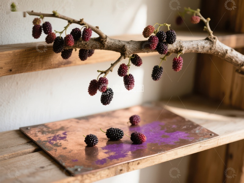 高清大图下载【趣麦麦图】枝头桑葚与金属板上的果实