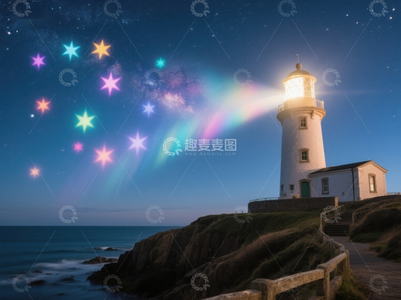 高清大图下载【趣麦麦图】夜空下的灯塔与彩虹