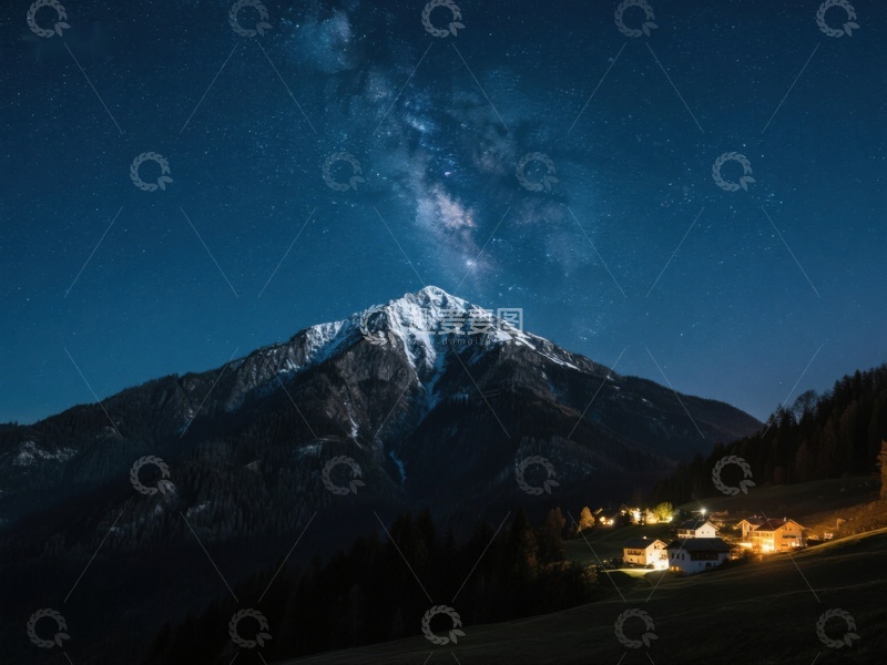 高清大图下载【趣麦麦图】夜空银河下的雪山与村落