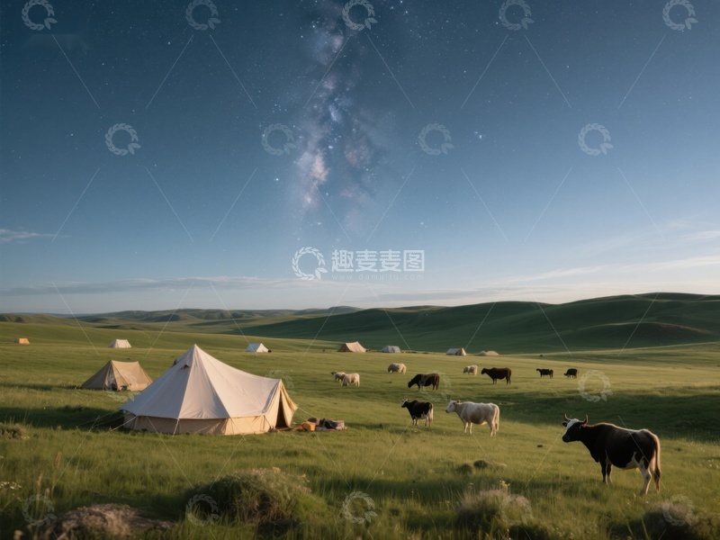 高清大图下载【趣麦麦图】草原夜景：帐篷与牛群