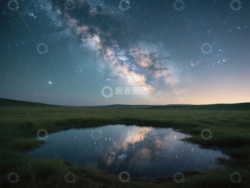高清大图下载【趣麦麦图】银河映照池塘，夜空下的宁静草原