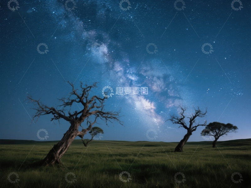 高清大图下载【趣麦麦图】夜空下的枯树与银河