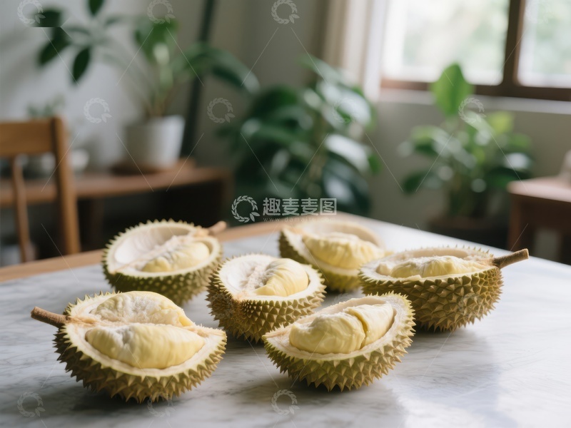 高清大图下载【趣麦麦图】新鲜榴莲切开摆放桌面