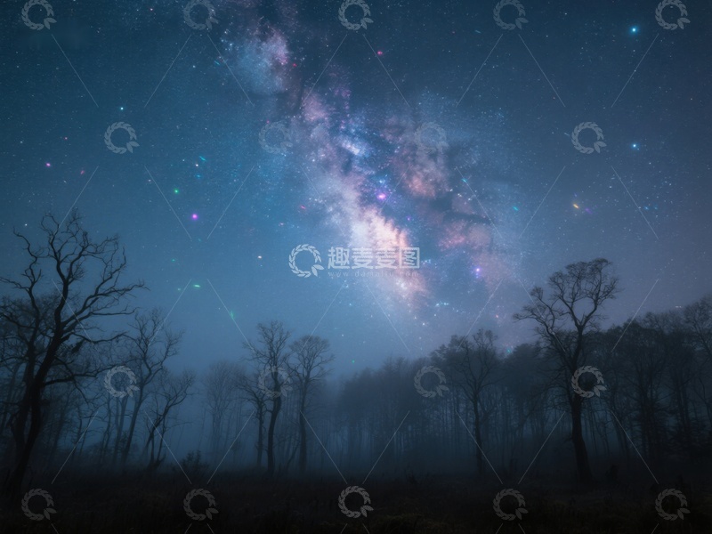 高清大图下载【趣麦麦图】夜空银河与森林剪影
