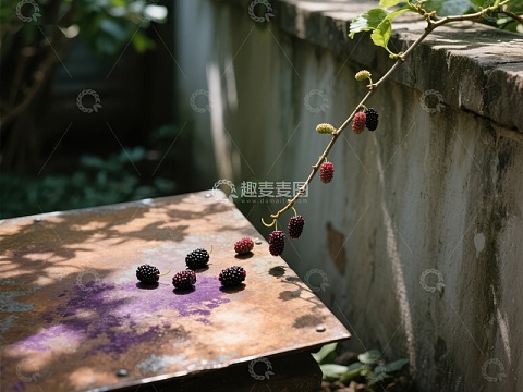 桑葚散落于旧桌与枝头