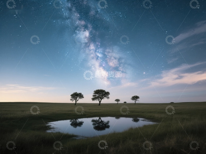 高清大图下载【趣麦麦图】夜空下的草原与银河