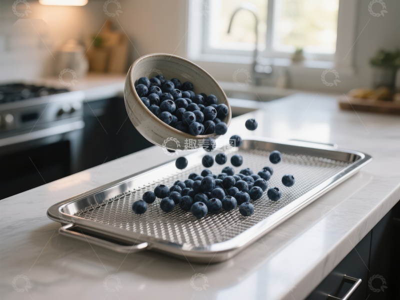 高清大图下载【趣麦麦图】蓝莓倒入托盘的瞬间