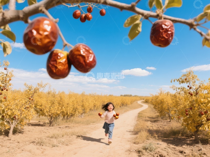 高清大图下载【趣麦麦图】秋日果园，孩童欢笑奔跑