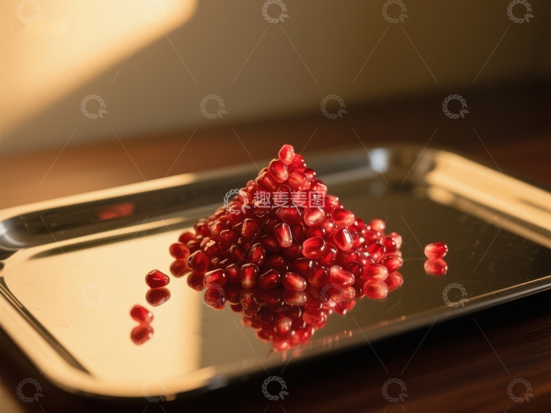高清大图下载【趣麦麦图】石榴籽堆放在金属托盘上