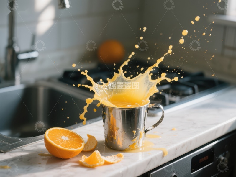 高清大图下载【趣麦麦图】橙汁飞溅，厨房中的活力瞬间