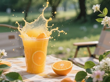 橙汁飞溅，户外野餐场景