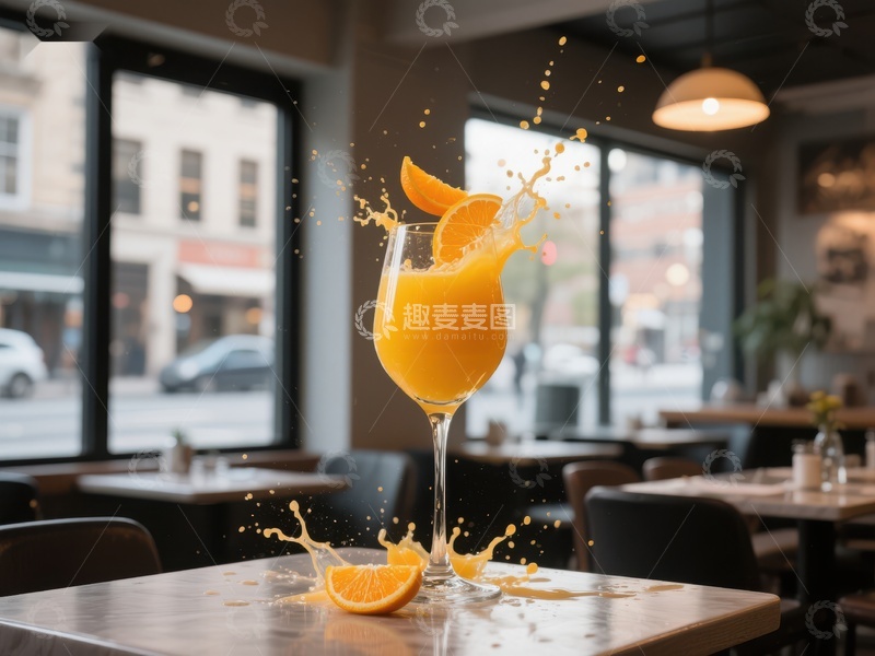 高清大图下载【趣麦麦图】橙汁飞溅，餐厅窗边的美味瞬间