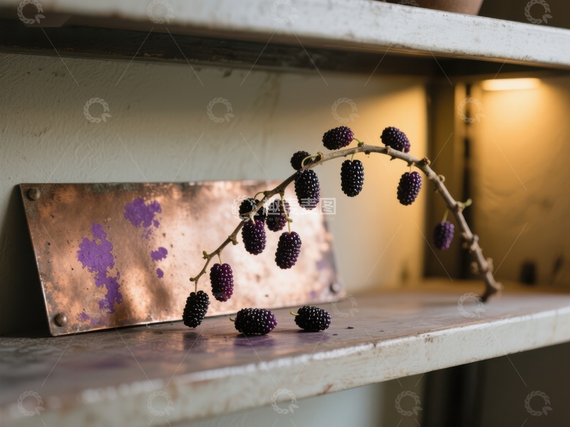 高清大图下载【趣麦麦图】枝头桑葚与金属板的静物组合
