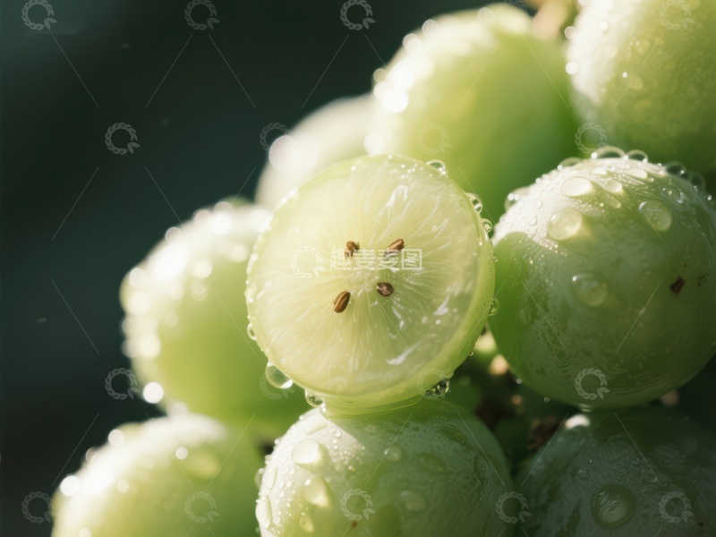 高清大图下载【趣麦麦图】新鲜绿葡萄特写，水珠晶莹剔透