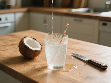 椰子水倒入玻璃杯