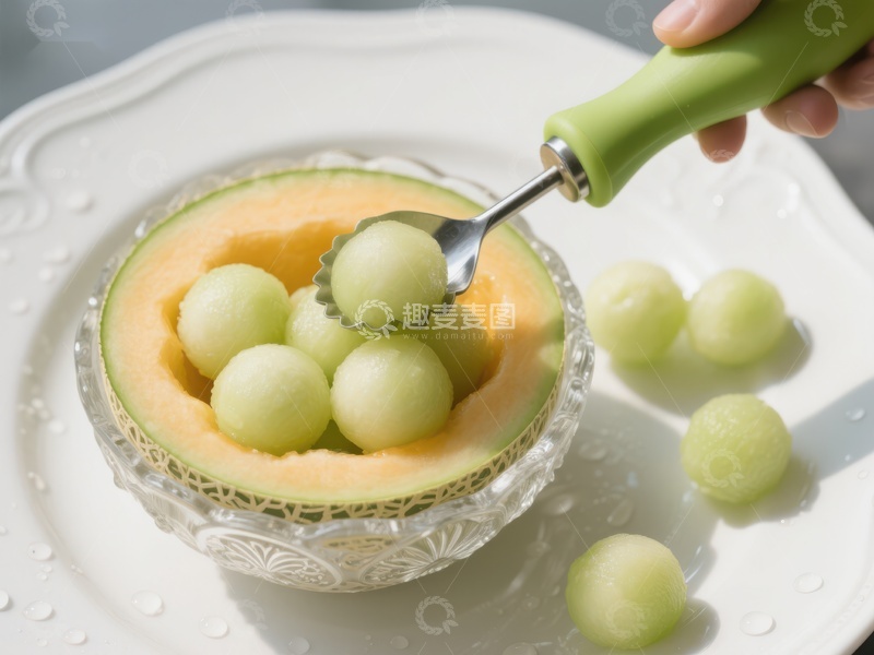 高清大图下载【趣麦麦图】勺子舀取碗中新鲜哈密瓜球