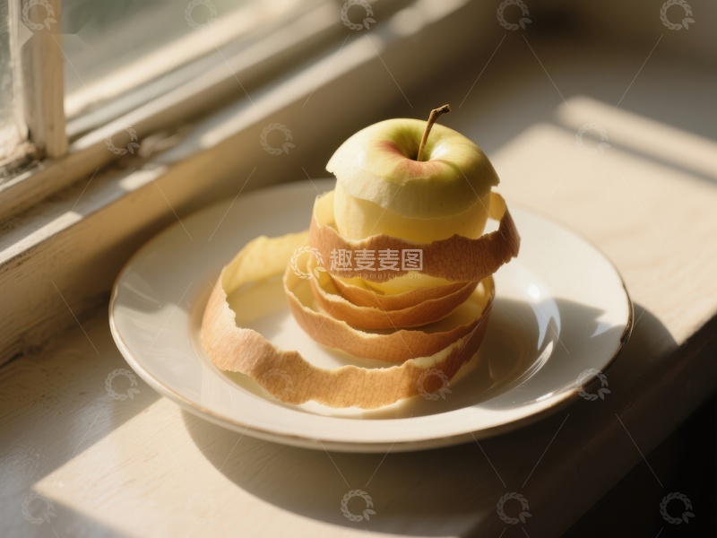 高清大图下载【趣麦麦图】盘中苹果与果皮，阳光洒落窗台