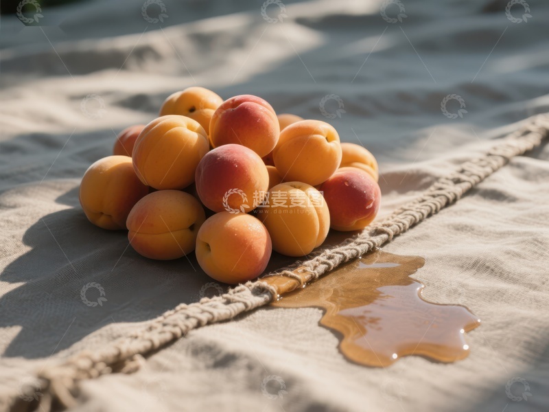 高清大图下载【趣麦麦图】新鲜杏子堆放在布上，汁液流淌