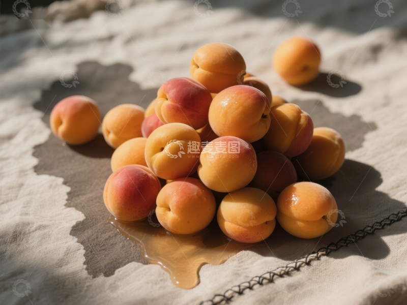 高清大图下载【趣麦麦图】新鲜杏子堆叠在布上，汁液四溢