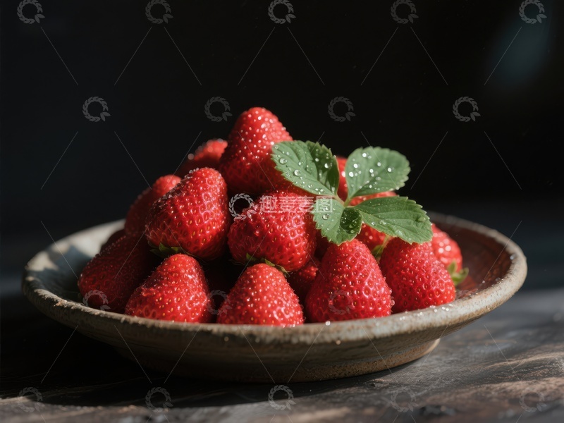 高清大图下载【趣麦麦图】新鲜草莓盛于陶碗中